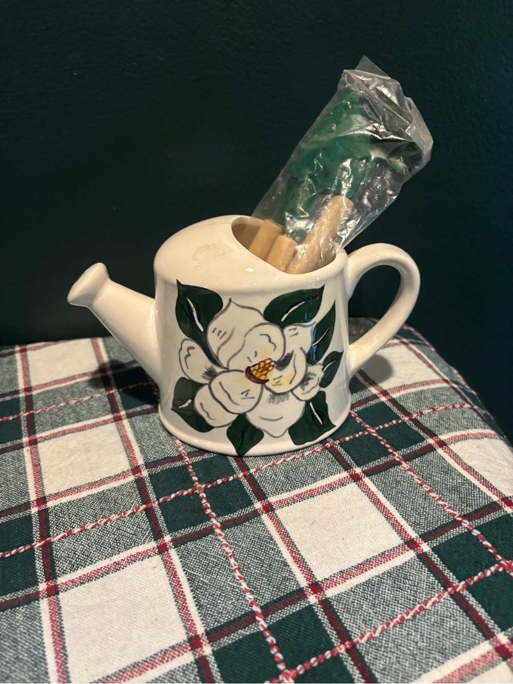 Ceramic Teapot with White Magnolia Floral Design and 3 Mini Garden Tools